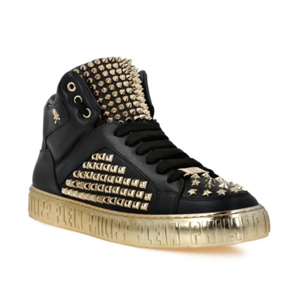 Philipp Plein Mid-Top Studded Leather Sneakers Black/Gold